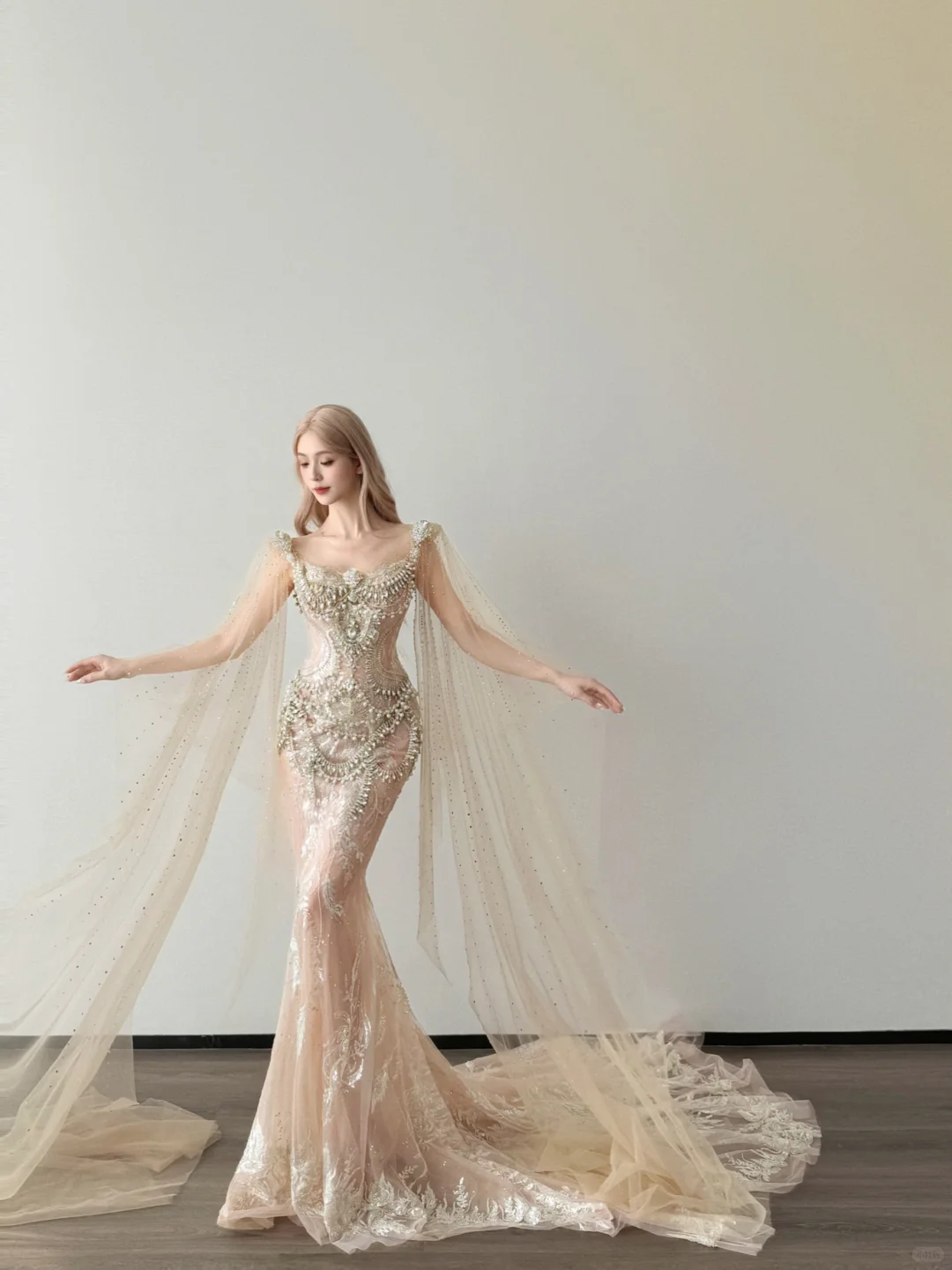 Champagne Sweetheart Sheer Mermaid Dress Beaded Tulle Cape Wedding Gown NV7145
