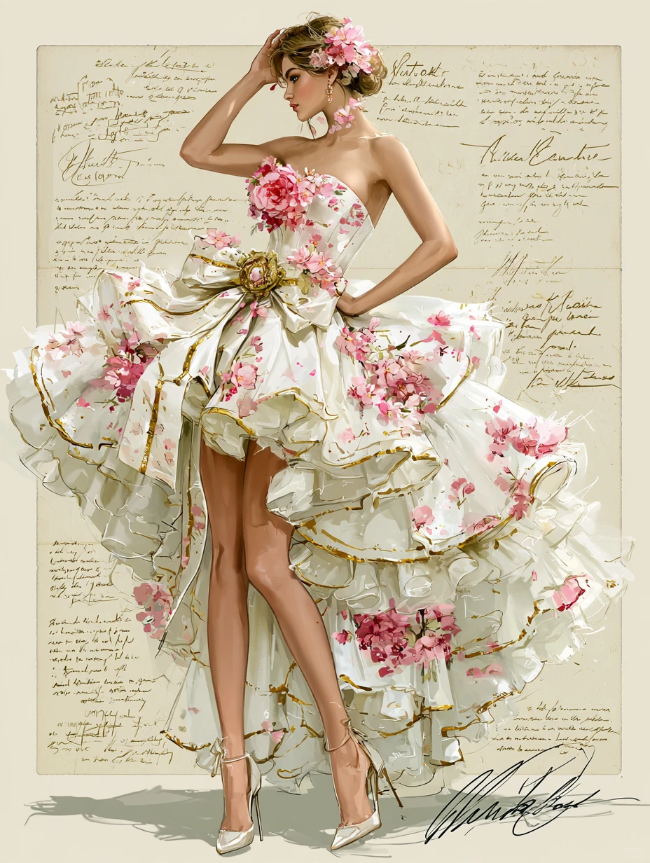 3D Pink Floral Strapless High Low Ruffle Prom Dress with Gold Trim NV7397