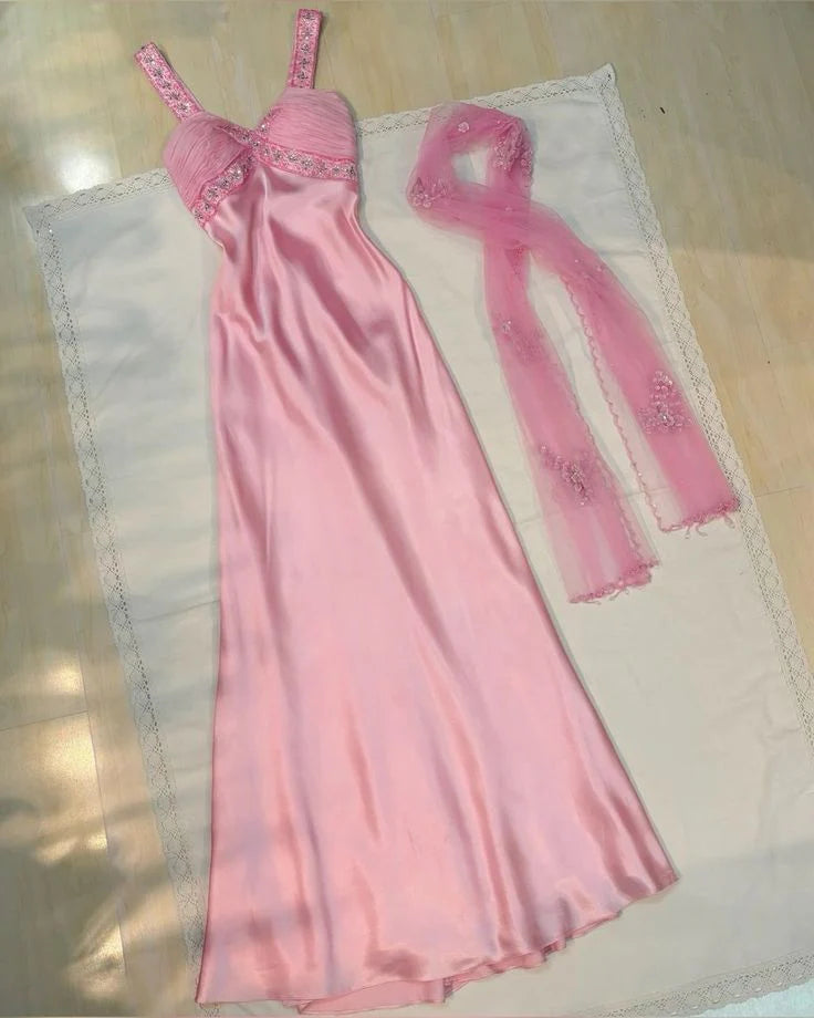 Rosa Mode Glänzend Perlen Elegante Lange Satin Tüll Ballkleid Abendkleid Partykleid nv3973