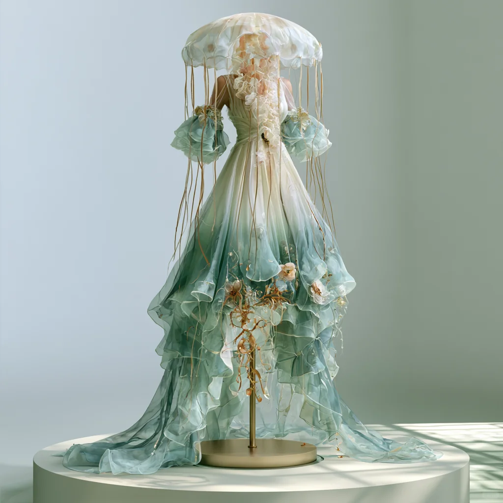 Sage Green Ombre Jellyfish Themed Organza Gown with Puff Sleeve NV7489