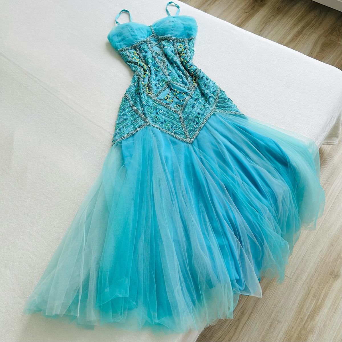 NiceVestidos--Blue exquisite beaded chiffon spaghetti strap long tulle prom dress fairy dress NV5705