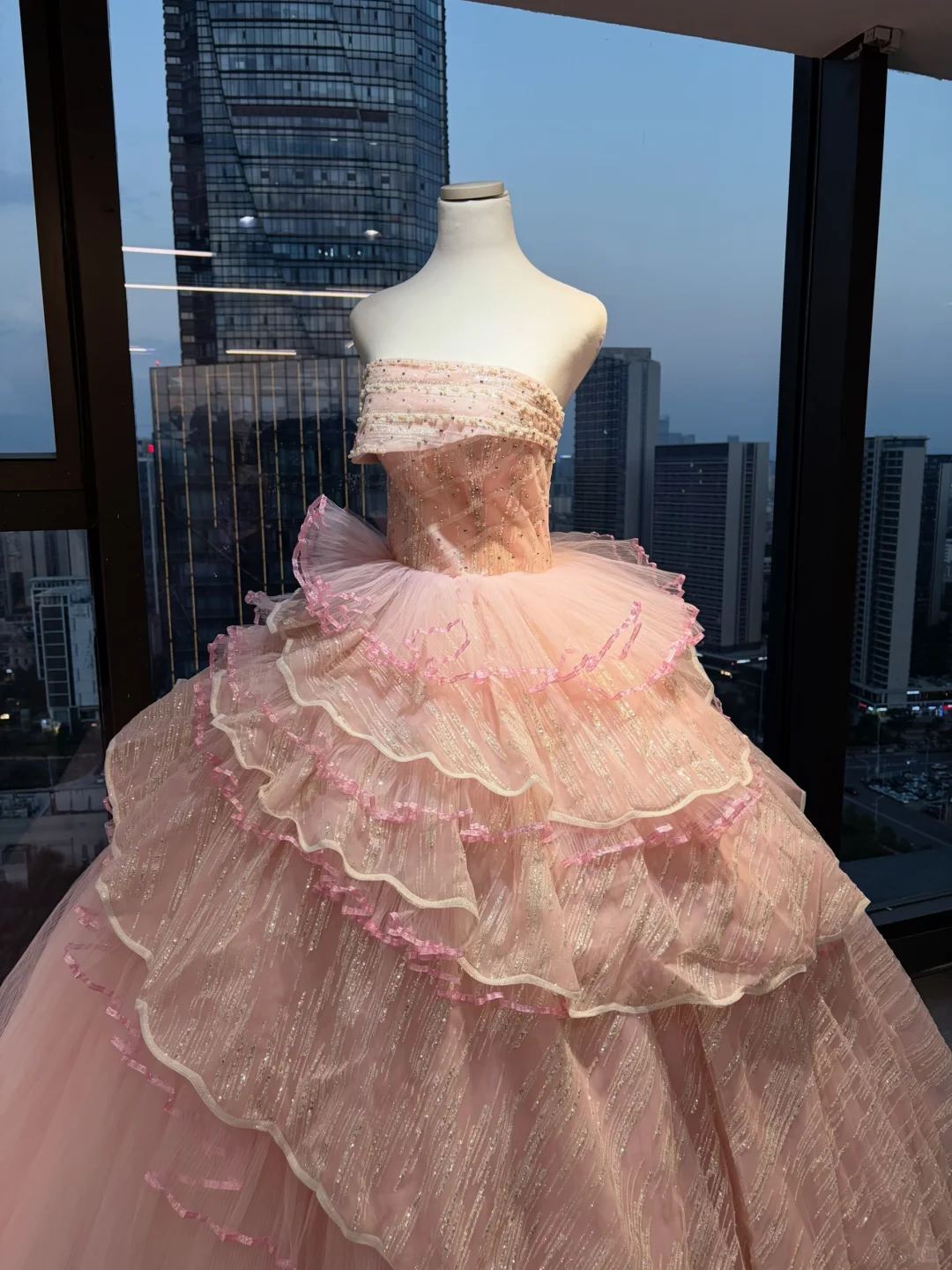 Strapless Blush Pink Prom Dress Glitter Beading Tiered Ruffle Tulle Cake Ball Gown NV7047