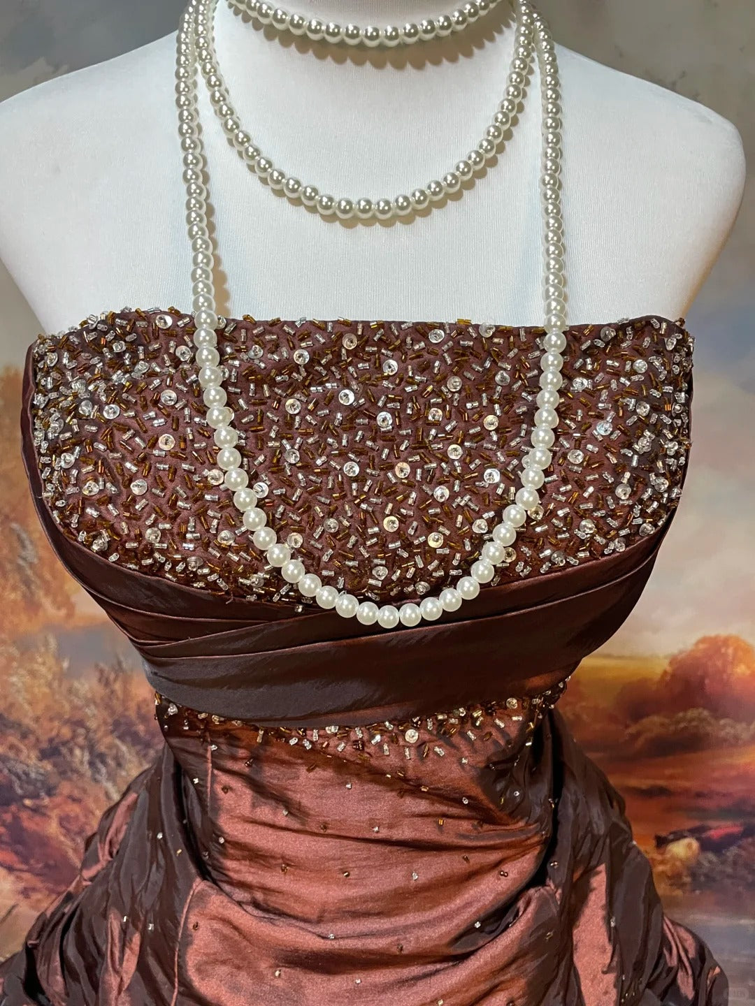 Brown Gorgeous Noble Exquisite Beaded Satin Floor-Length Vintage Long Ball Gown nv5153