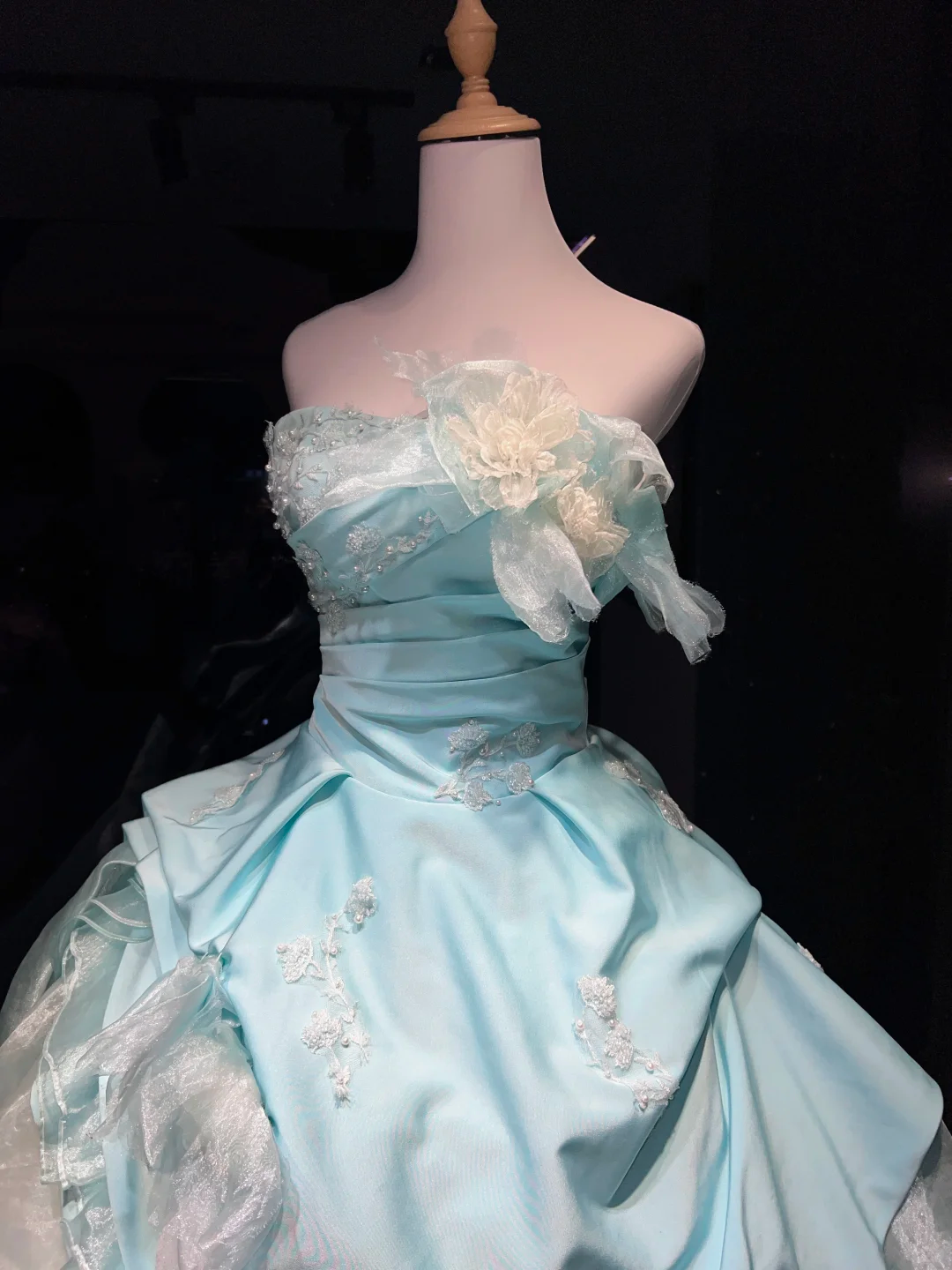 Strapless Mint Blue Prom Dress Satin Ruched Hand Beading 3D Flower Organza Ruffle Ball Gown NV7051