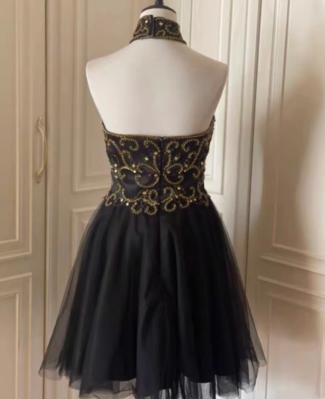Black gold beaded short vintage homecoming dress birthday party dress nv4711