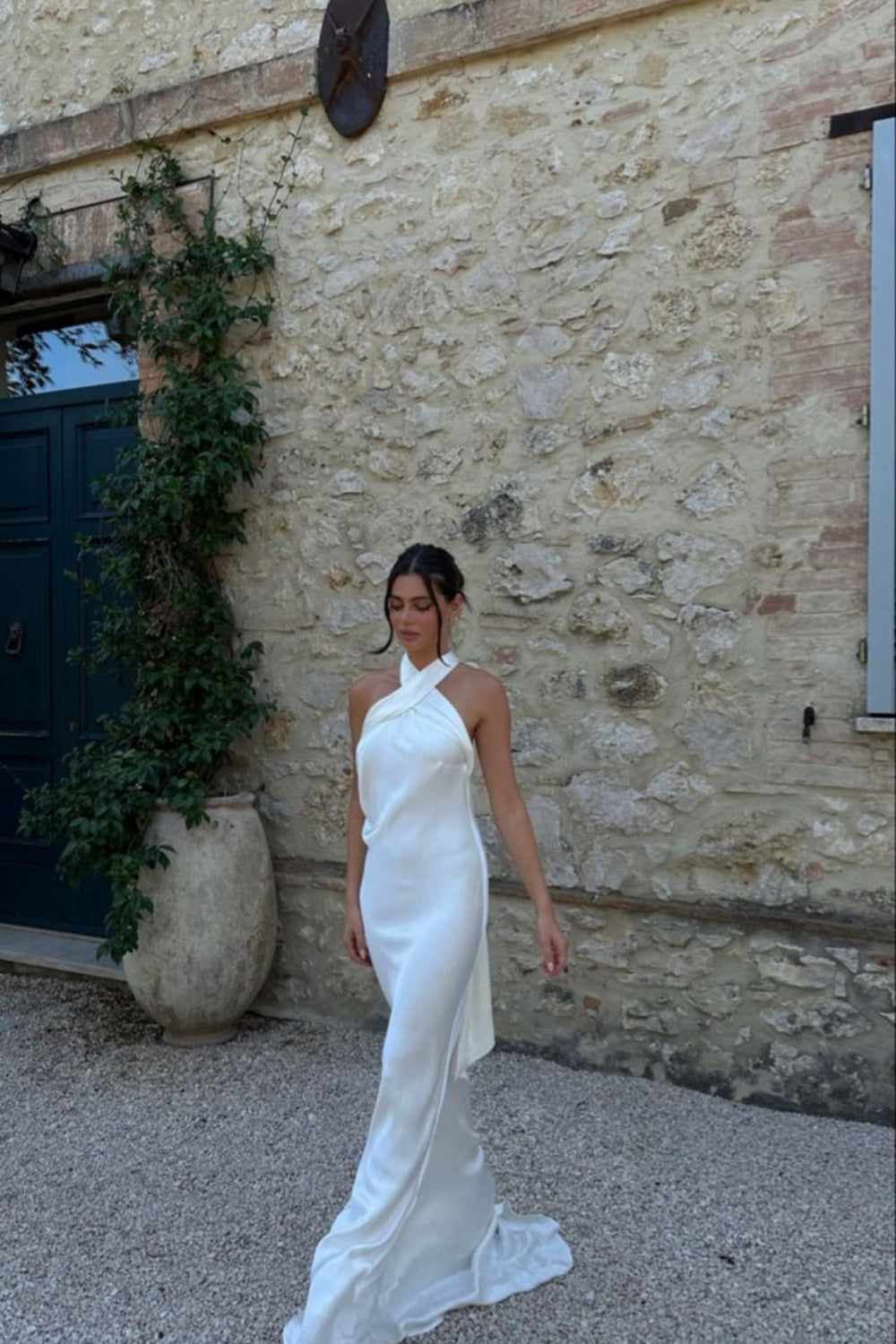 Weißes, modisches, gekreuztes Trägerkleid, einzigartiges, langes Satin-Ballkleid, Abendkleid, Partykleid nv3497