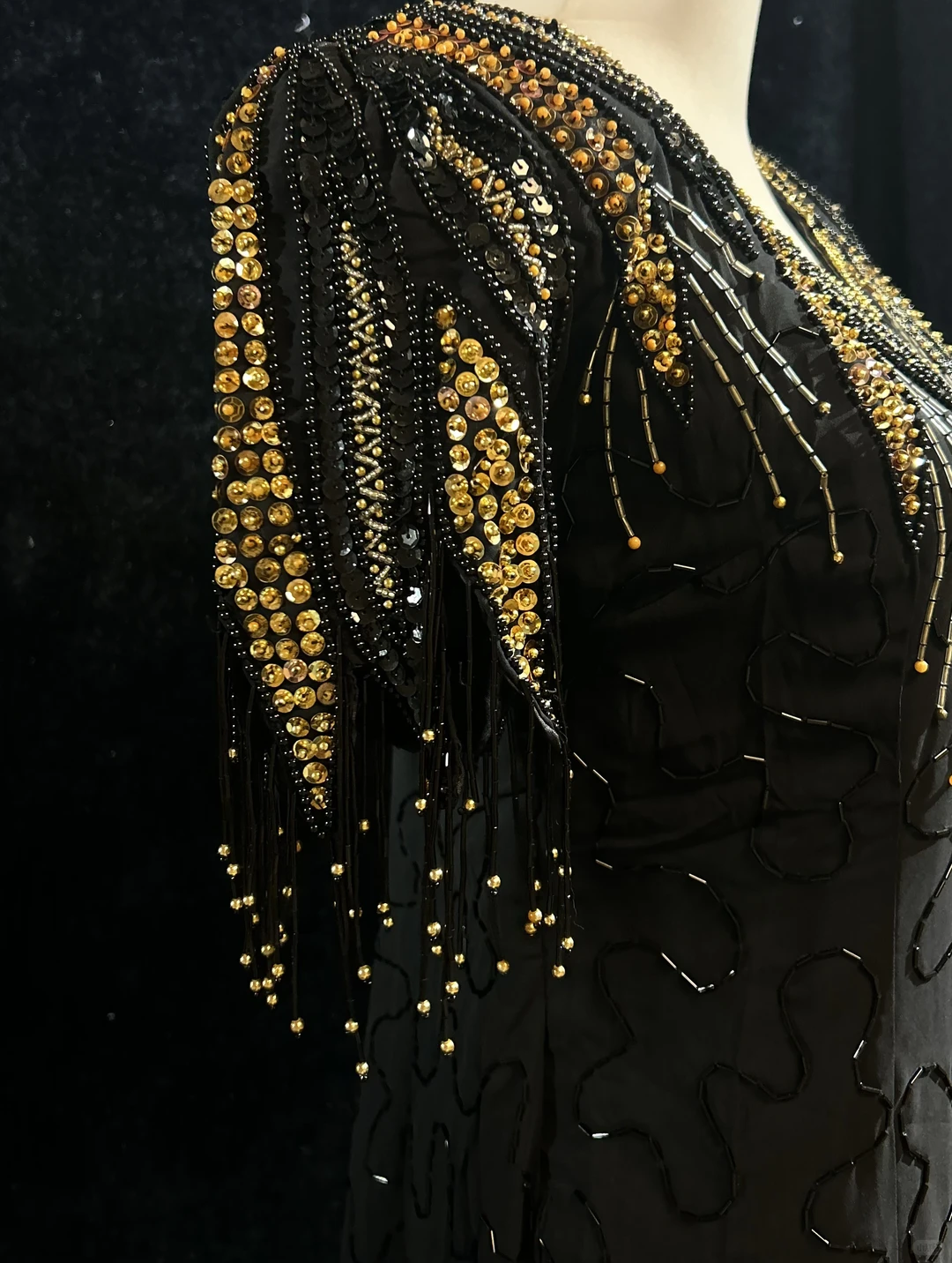 Black 1920s Gatsby Flapper Midi Dress, V Neck Short Sleeve, Gold Beaded Fringe, Vintage Evening Gown, Homecoming Dress NV6908