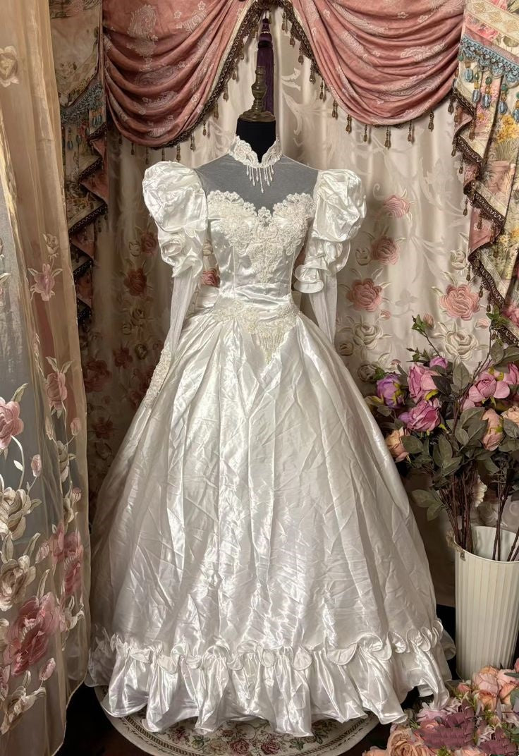 Robe de mariée blanche à manches longues en satin et dentelle, élégante, vintage, robe de soirée, nv2970