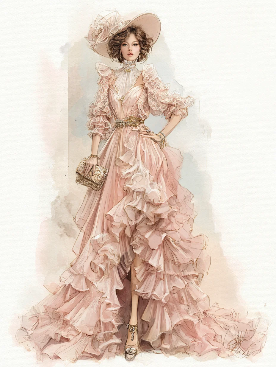Dusty Pink Edwardian Lace Ruffle Train Vintage Evening Gown NV7412