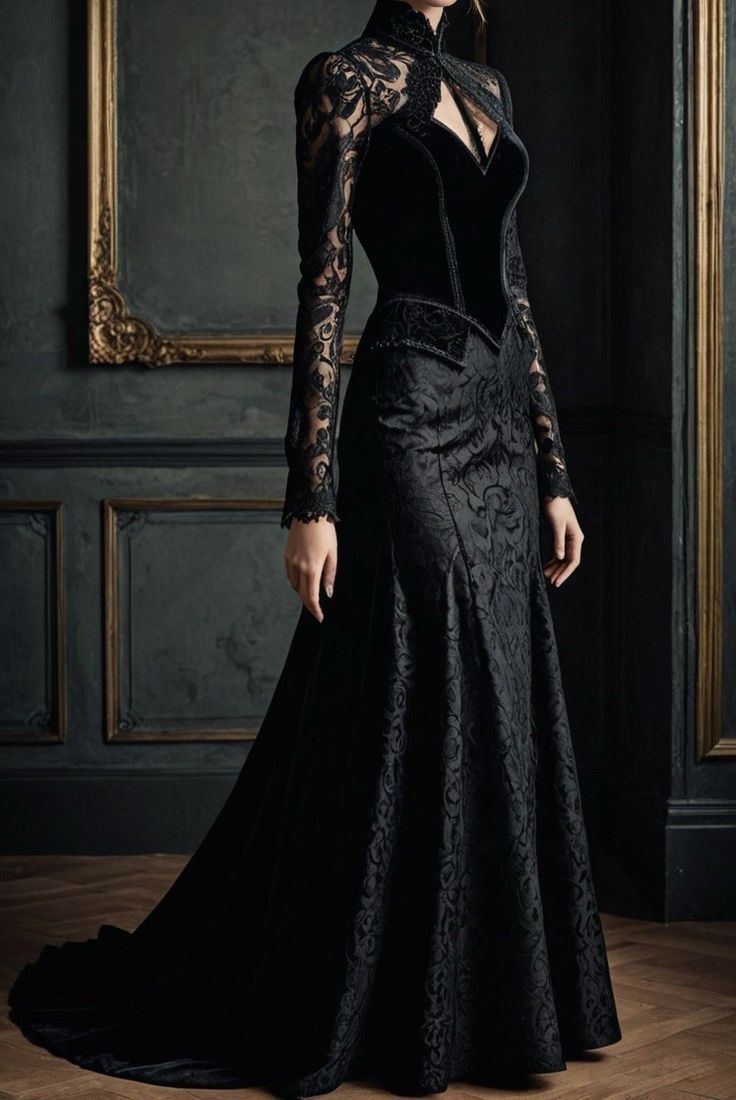 NiceVestidos – Schwarzes, langärmeliges Spitzenkleid aus Satin und Samt NV6016
