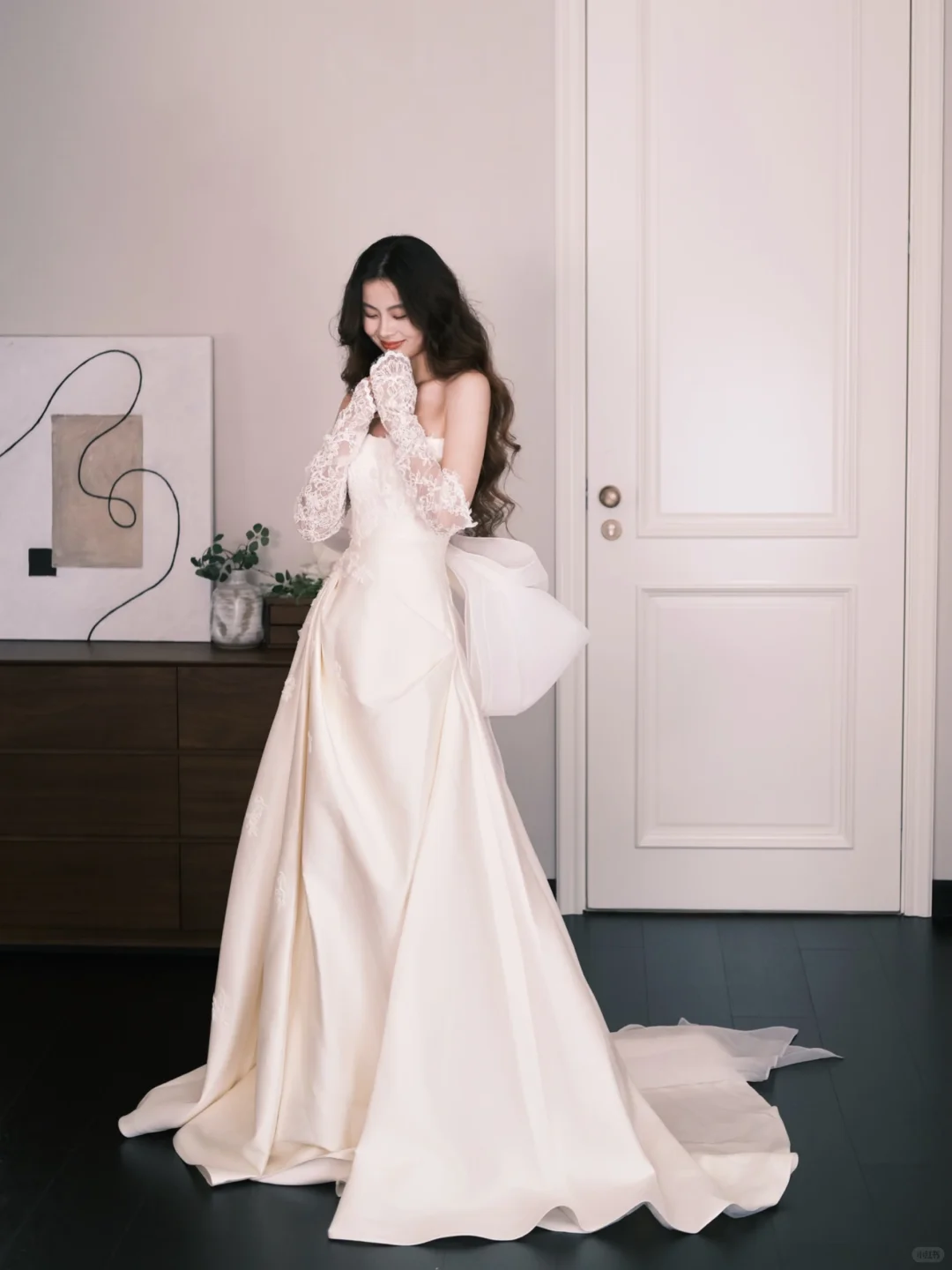 Off The Shoulder Satin Wedding Dress with Lace & Bow NV7313