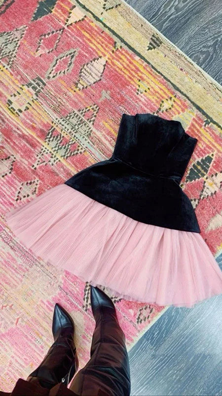 Black pink short velvet chiffon homecoming dress birthday party dress nv5299