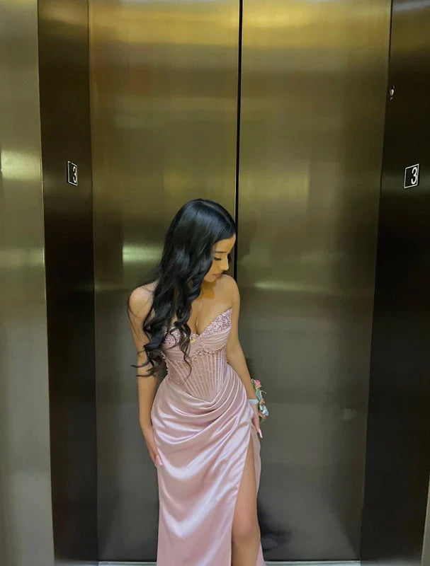 Pink Gorgeous Shiny Exquisite Beaded Long satin Slit Elegant Sexy Ball Gown Evening Dress Party Dress nv4146