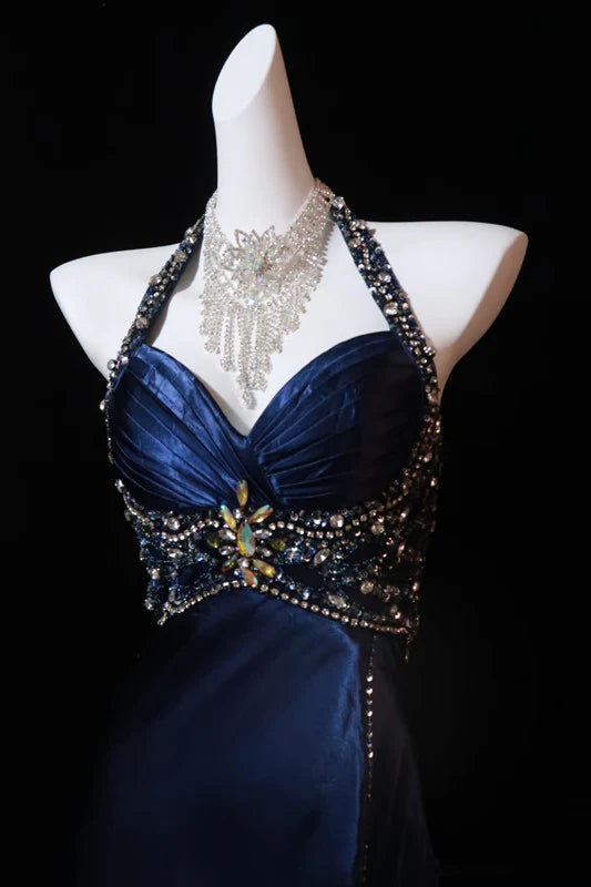 Blue vintage fashion elegant exquisite beaded long satin backless ball gown evening dress nv3625