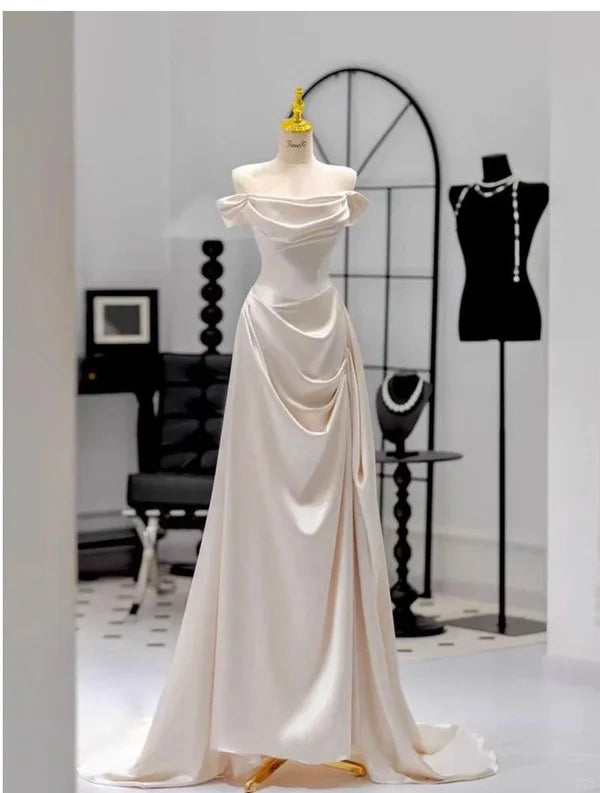 Elegant Sheath Long Prom Dress Off-the-shoulder Satin Formal Evening Dress nv5323