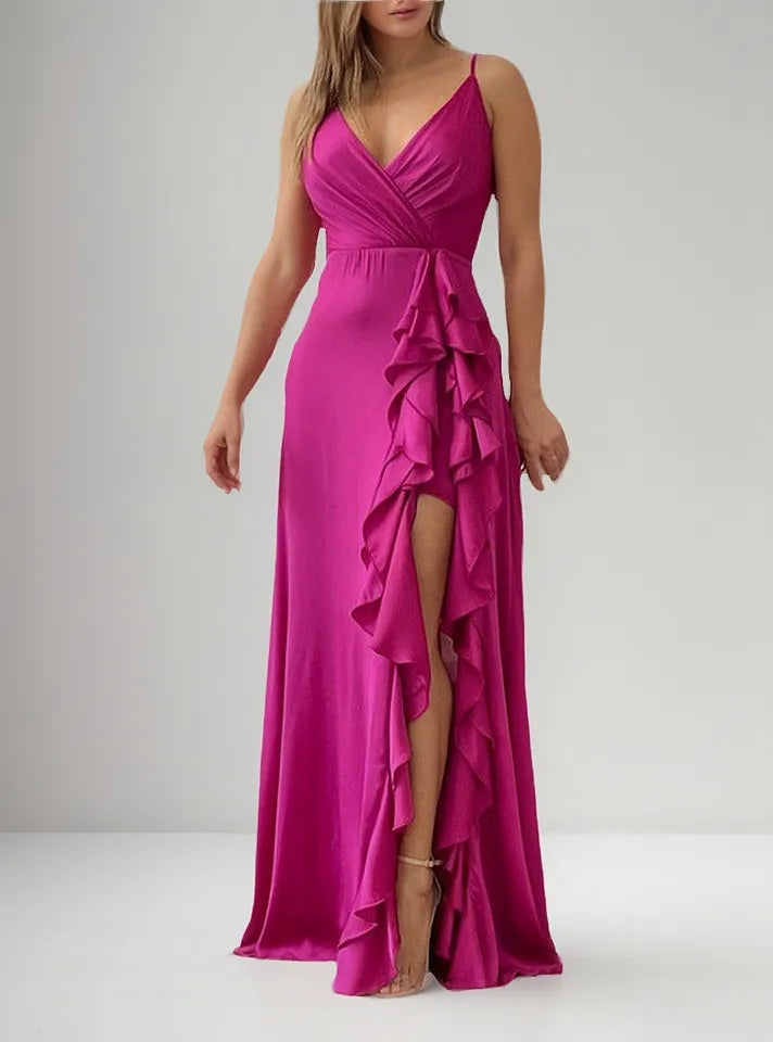 Irregular Ruffle Trim Split Cami Dress Rose red nv1339