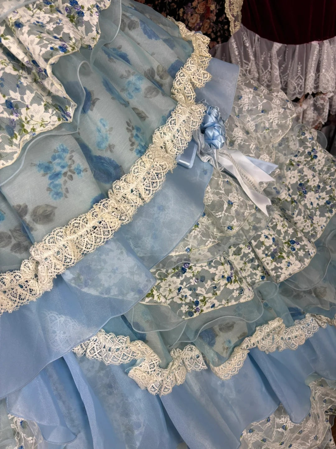 Blue floral princess long tulle ball gown evening dress quinceanera dress nv4651