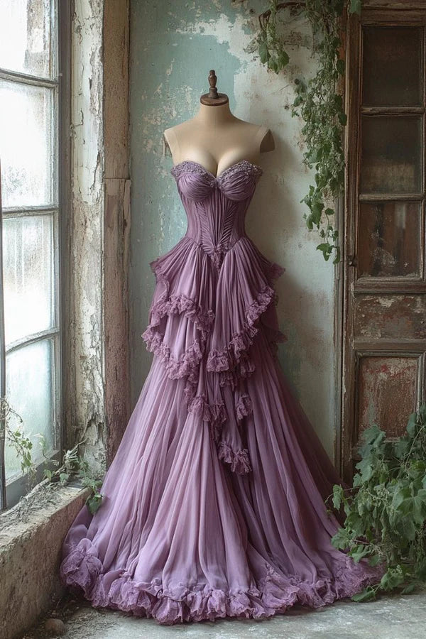 Robe de soirée longue en tulle violet, élégante, style vintage, coupe trapèze, décolleté en cœur, perles exquises, robe de mariée nv3771