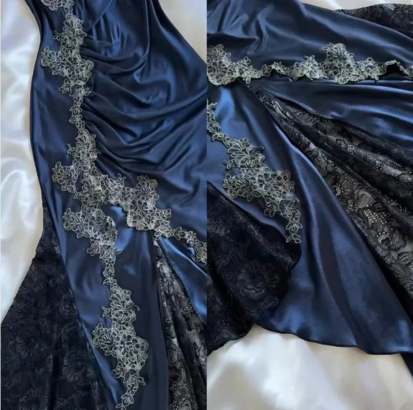 Navy Blue Vintage Elegant Spaghetti Strap Exquisite Lace Long Mermaid Satin Empire Dress Ball Gown Evening Dress Party Dress Prom Dress nv4033