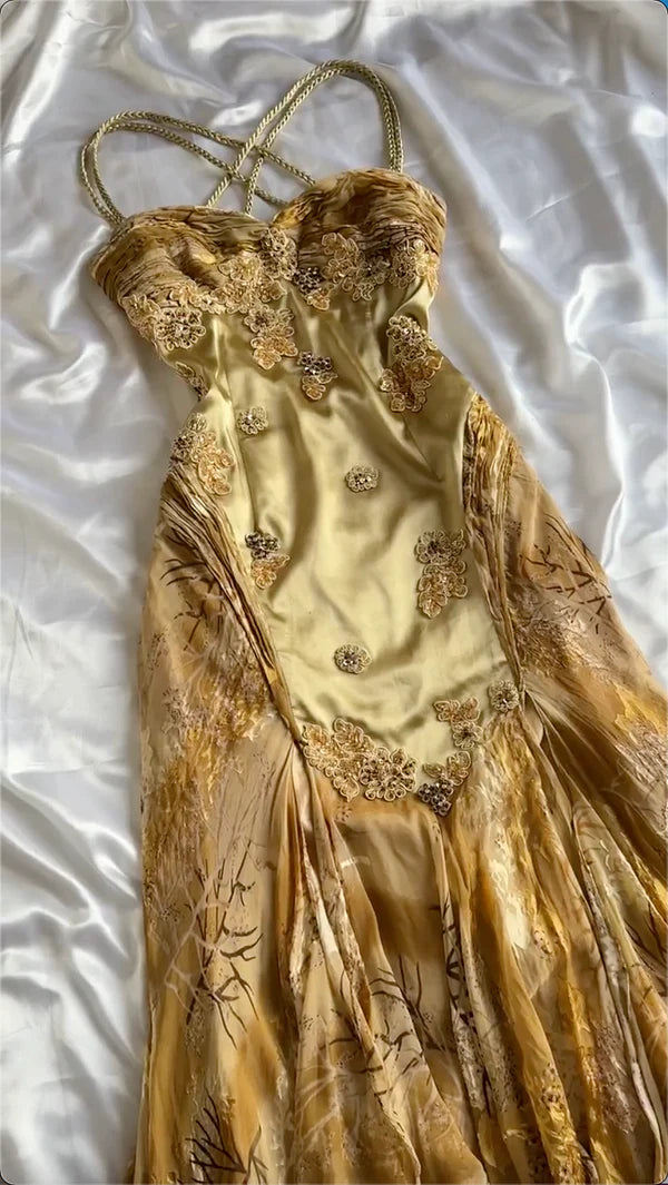 vintage gold prom dress Floral Elegant Long Satin Evening Dress Party Dress nv – NiceVestidos please let me know Width:56