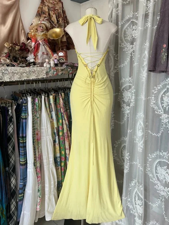 Yellow Elegant Fashion Halter Neck Exquisite Beaded Sequins Rhinestone Long chiffon Mermaid Slim Prom Dress Birthday Dress Party Dress Evening Dress nv3880