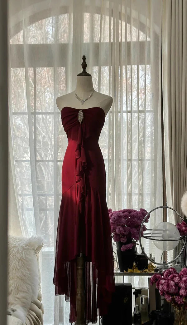 Robe de bal sirène rouge vintage, épaules dénudées, longue en mousseline de soie, robe de soirée, de remise de diplôme, nv3761