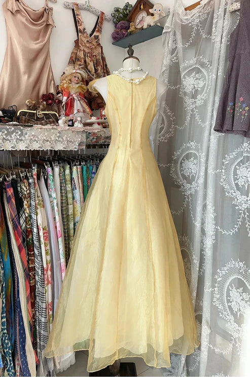 Robe de soirée jaune, col rond, coupe trapèze, longue, en tulle, robe de bal, nv4297