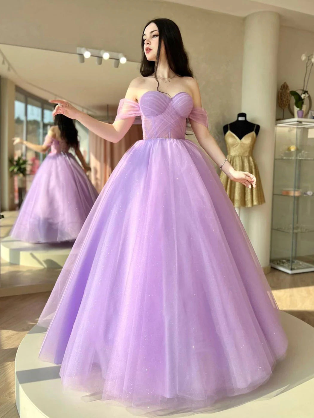 Robe de bal longue violette en tulle à col en cœur et coupe trapèze, robes de soirée violettes nv1527