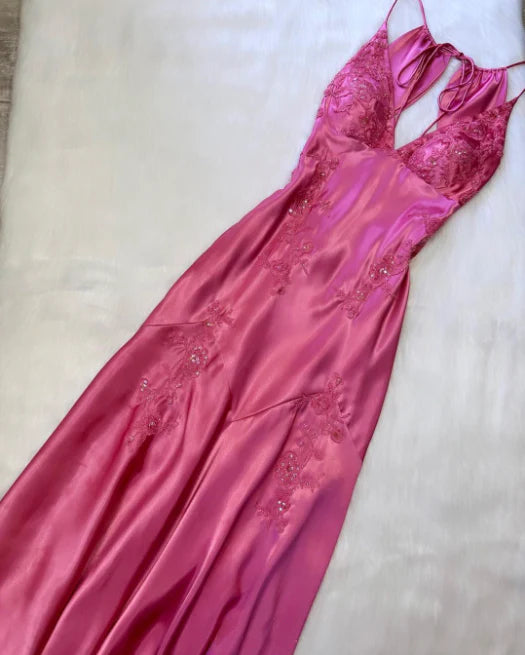 Green/Purple/Pink vintage V neck exquisite embroidery applique long satin elegant party dress evening gown prom dress nv2045