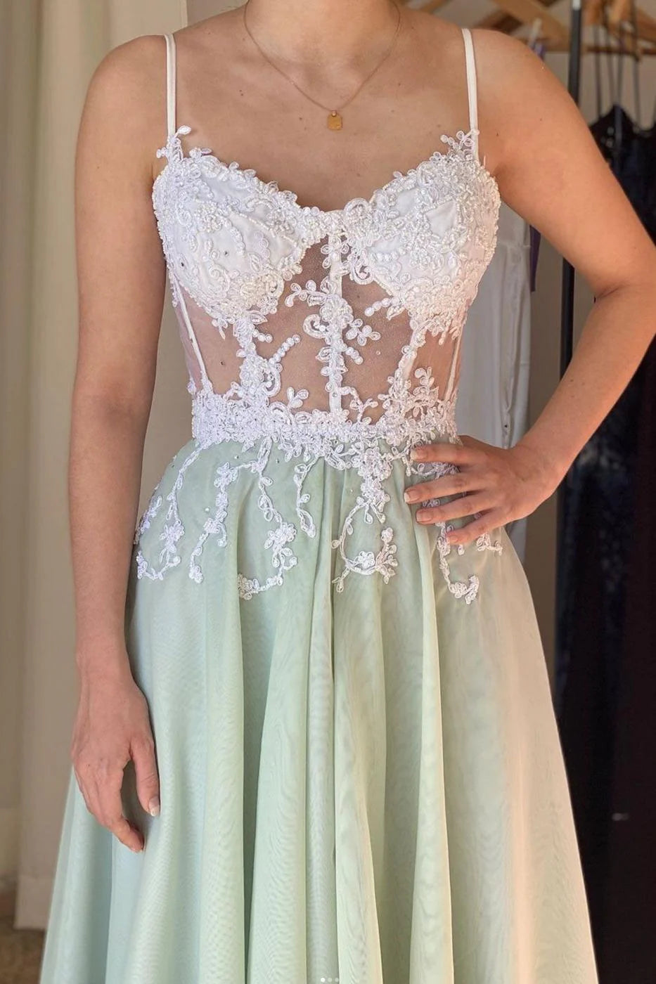 Grün Weiß Spitze Elegante Lange Tüll Ballkleid Abendkleid Partykleid nv4231