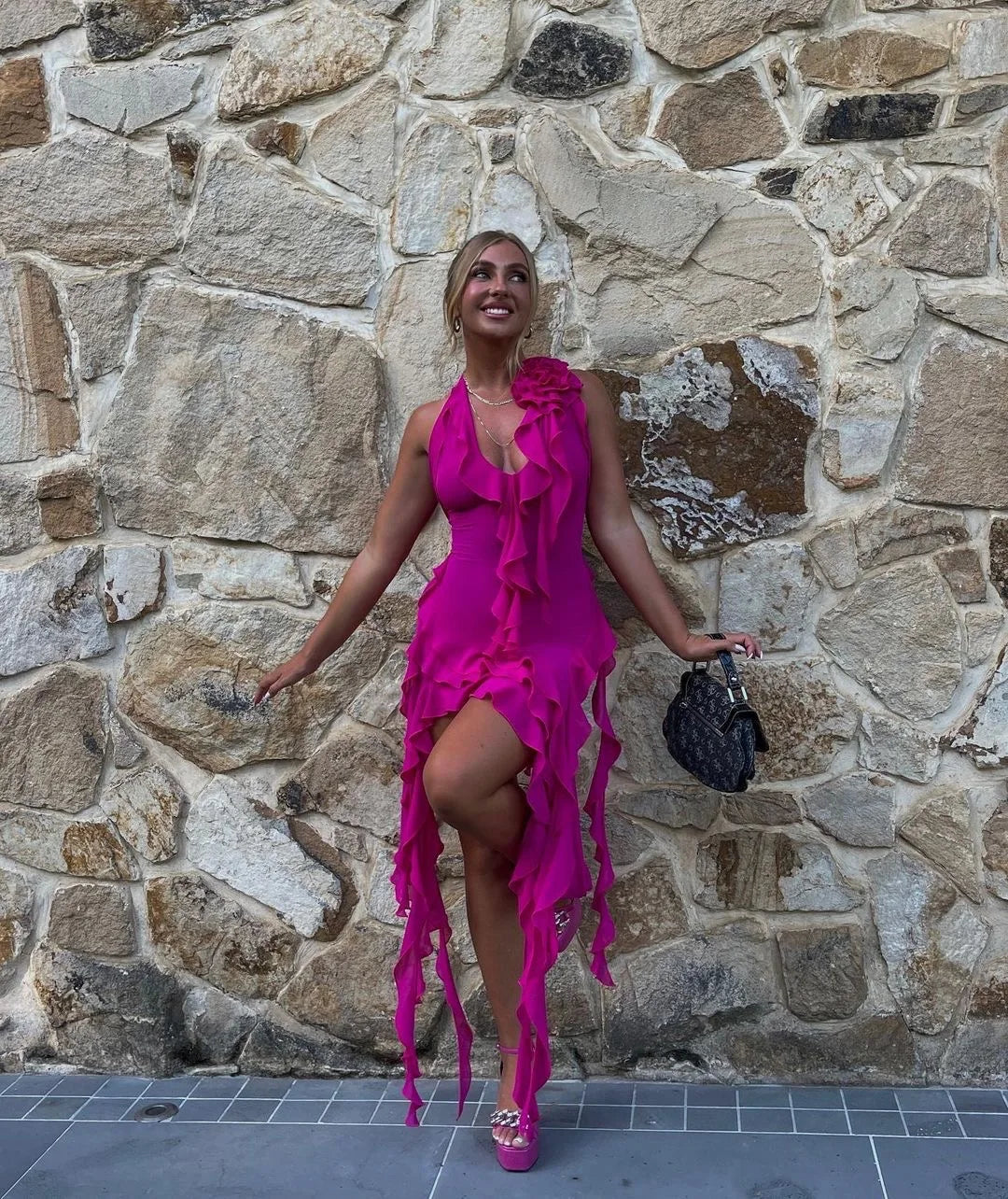 Rosa Mode Elegant Chiffon Kurze Rüschen Urlaub Party Kleid nv3877