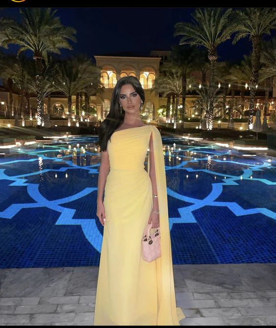 Yellow one shoulder tulle long ball gown formal seaside pool party dress evening gown nv1843