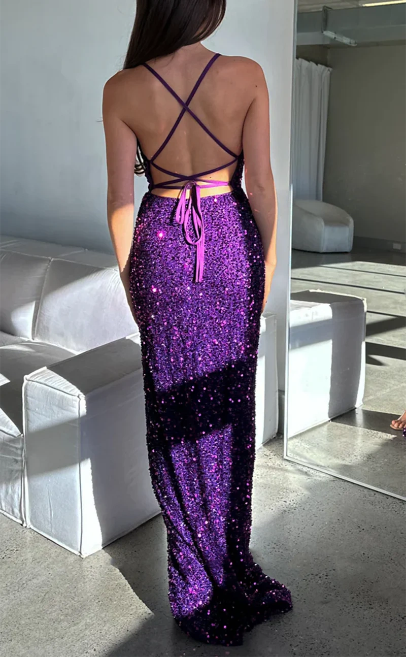 Lila Pailletten Bodycon Sexy Quadrat Spaghetti-Trägern Seitenschlitze Langes Partykleid Ballkleid Abendkleid nv2433