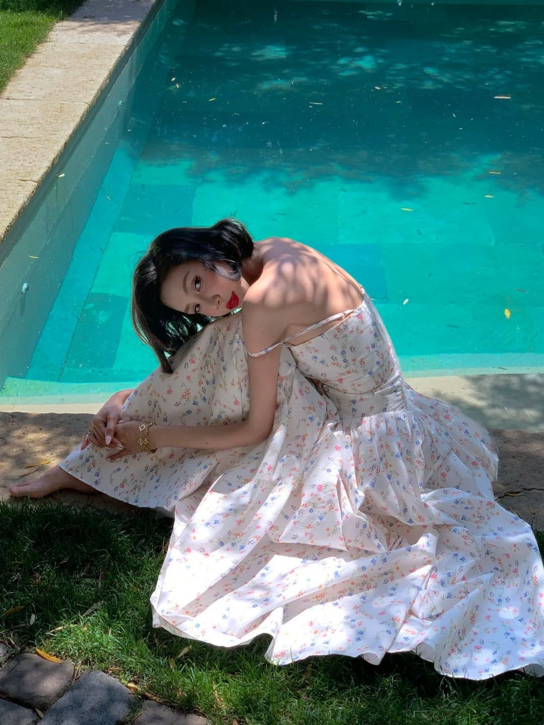 French Floral Camisole Maxi Dress: Waist-cinched Flared Skirt, Thin Strap Design, Resort Fairy Dress NV6416