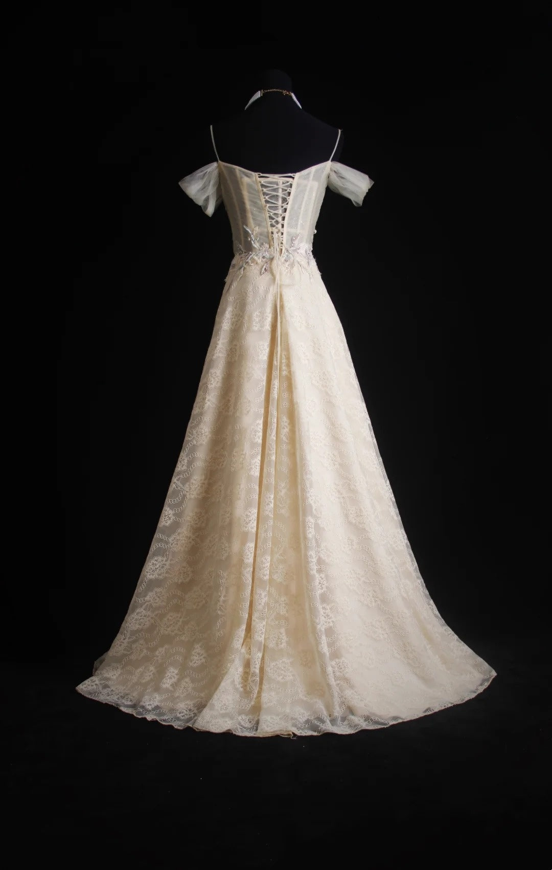 NiceVestidos--Milky Apricot Lace - Embroidered Tulle Spaghetti - Strap Off - Shoulder Floor - Length Evening Dress NV5826