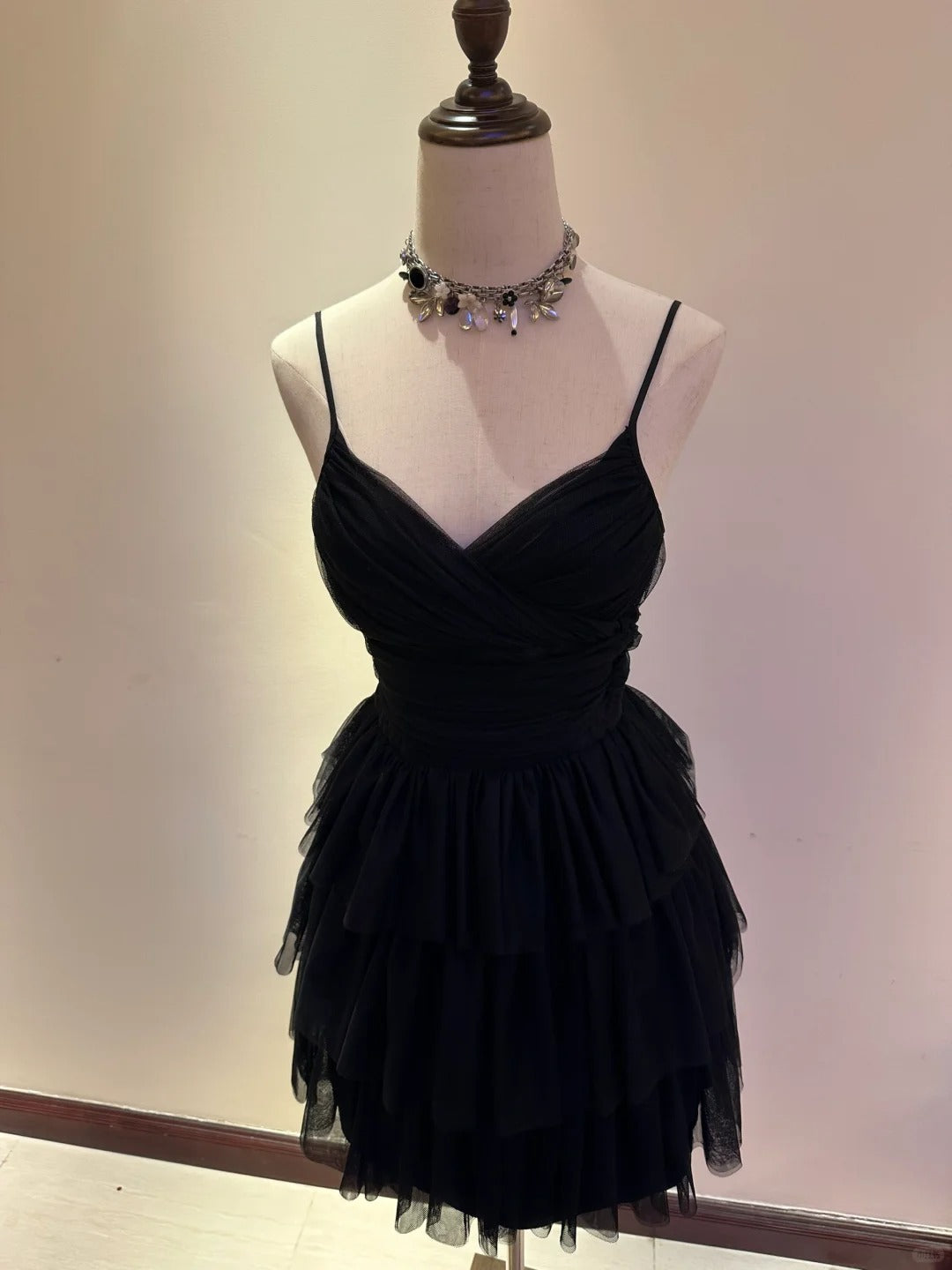 ✨Belle petite robe noire courte en mousseline de soie, robe de soirée nv5431