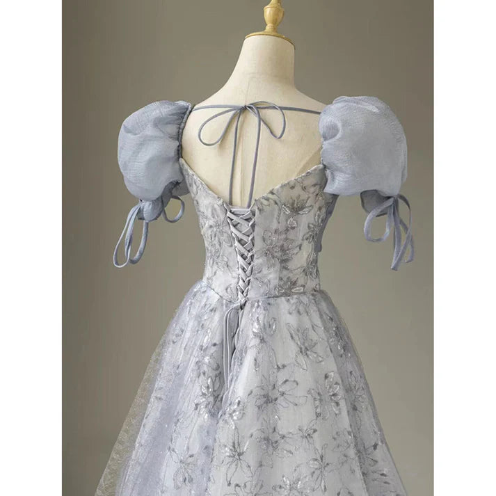 Süßes langes Ballkleid mit Blumenmuster, A-Linie, Puffärmeln, blaues Partykleid, Abschlusskleid, Abendkleid nv1860