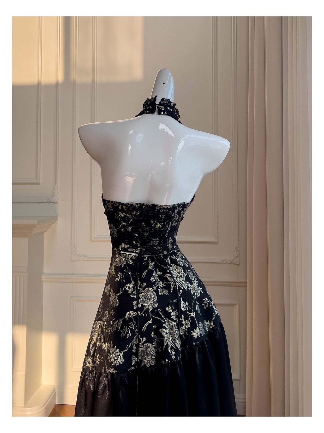 NiceVestidos-Homecoming Dress Black And Gold Satin Jacquard Design Sleeveless Waist Long Dress Backless Halter Neck Sexy Banquet Dress nv5559