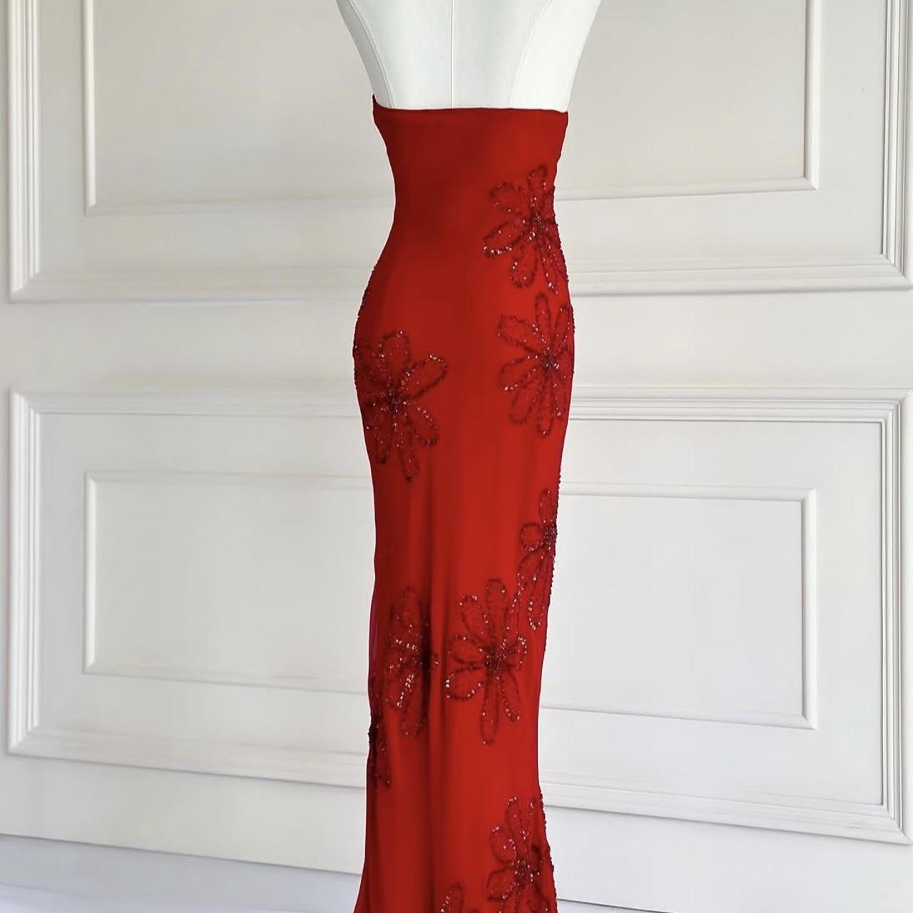 Robe de soirée longue rouge vintage années 90 y2k bohème florale perlée licou robe de bal robe de soirée nv4410