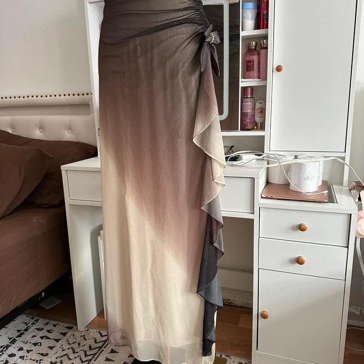 Braun und Creme modischer Farbverlauf wunderschönes einzigartiges Glitzer-Maxikleid Vintage elegantes langes Chiffon-Tüll-Ballkleid Abendkleid Partykleid Ballkleid NV4249