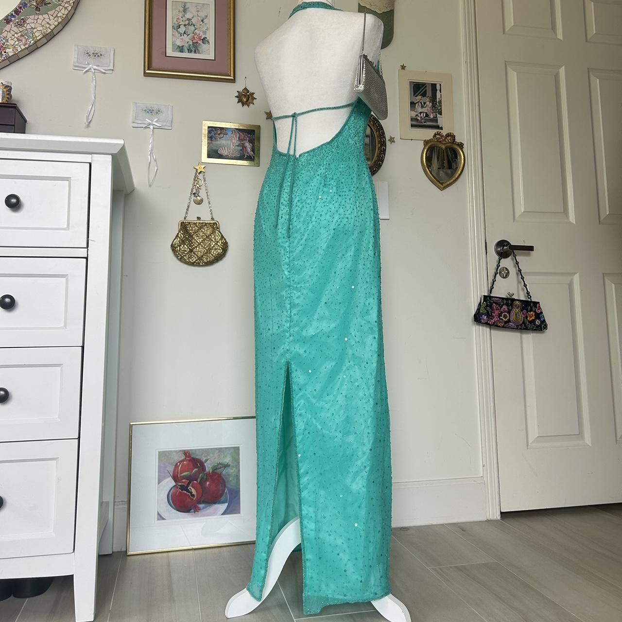 Blaues Vintage-Nixenkleid mit Perlen und Pailletten im Neckholder-Stil, langes Ballkleid, Abendkleid, Partykleid, NV4242