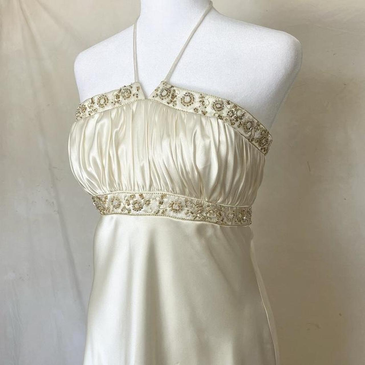 Cream Satin Ball Gown Stunning Maxi Dress Vintage Revealing Delicate Gold Pearl Beading nv4237