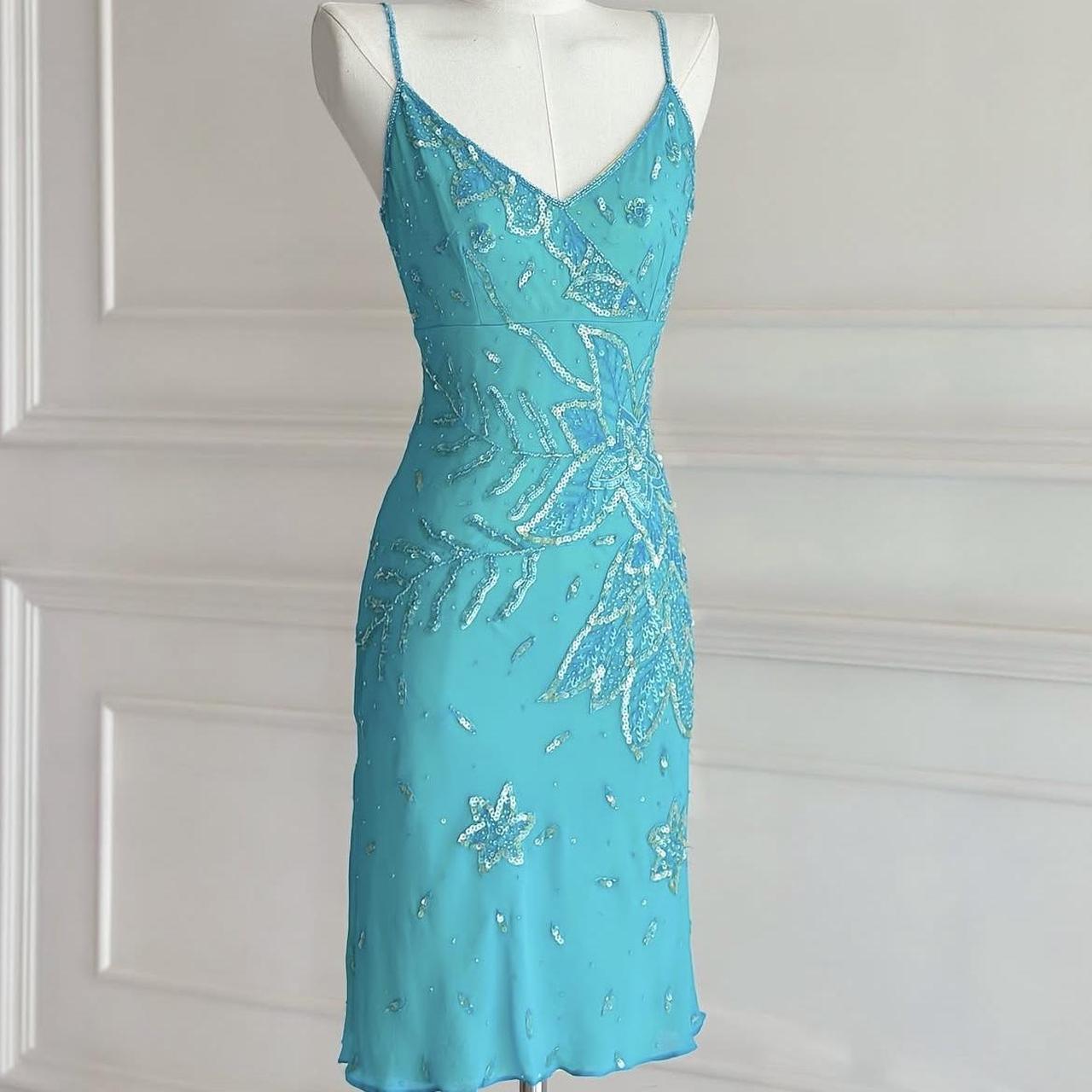 Robe de soirée turquoise vintage Y2K style bohème, motif floral, perles, paillettes, broderie, mi-longue, en mousseline de soie, robe à bretelles, robe de bal, robe de soirée, robe de soirée, nv4411