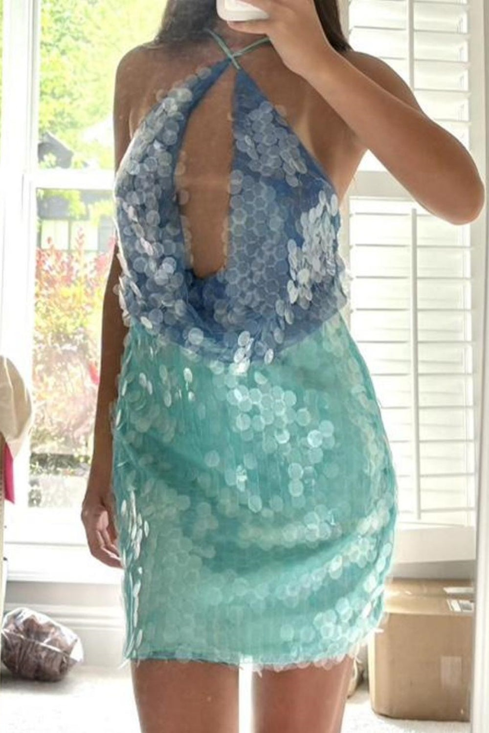 Blue green shiny fashion short sequin homecoming dress cocktail party dress nv5342