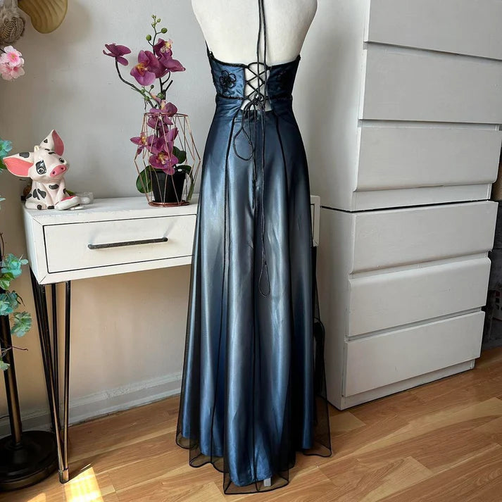 Blau Wunderschöne Vintage Elegante Exquisite Perlen Straps Lange Tüll Ballkleid Abendkleid Partykleid Ballkleid nv4247