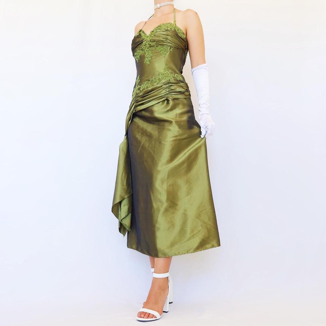 NiceVestidos-Green delicate floral applique vintage long satin gown evening dress Nv5633