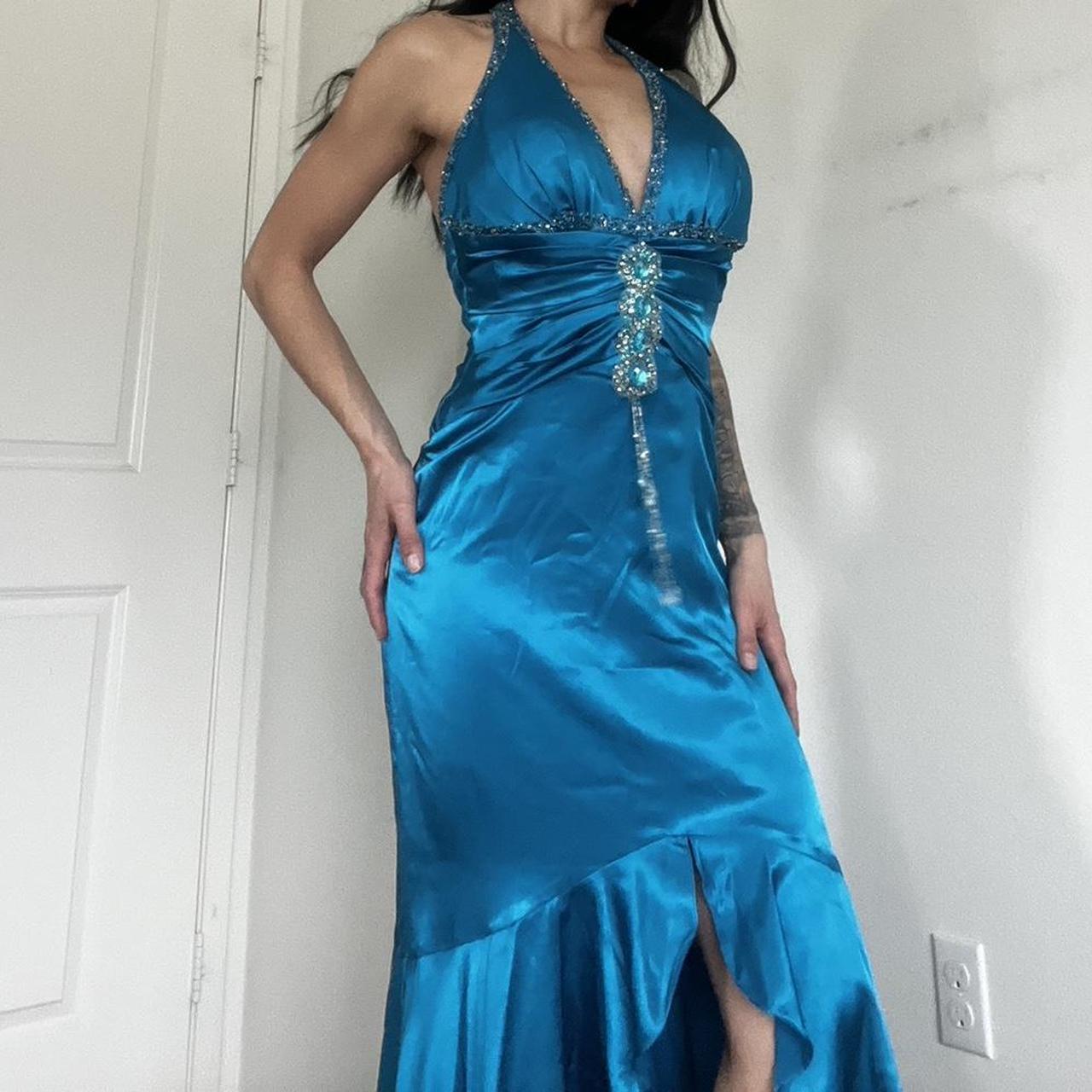 Blue Vintage Rhinestone Halter Neck Long Satin Prom Gown Evening Dress Party Dress nv4664