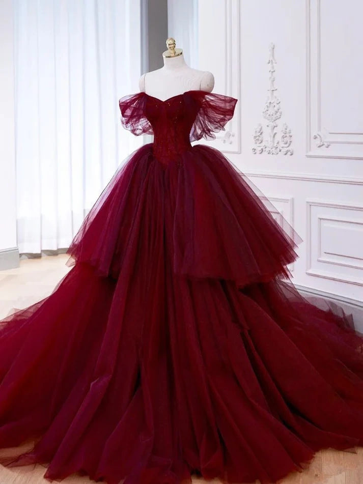 Ball gown off shoulder tulle red sweet dress nv1704