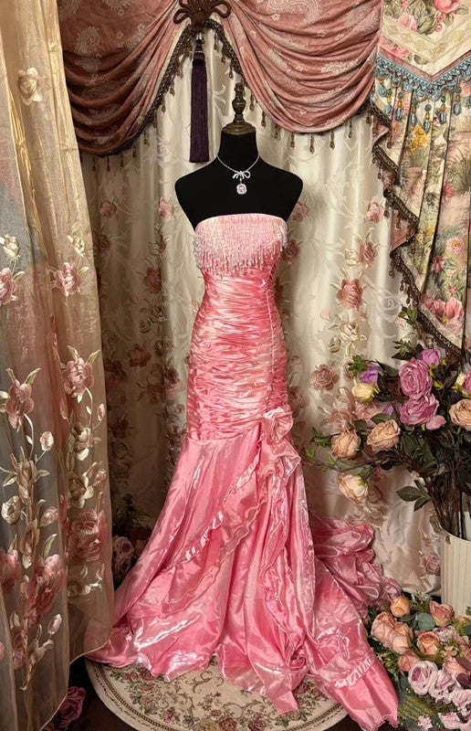 Pink Sexy Mermaid Off Shoulder Satin Long Evening Dress Party Dress Prom Dress nv4236