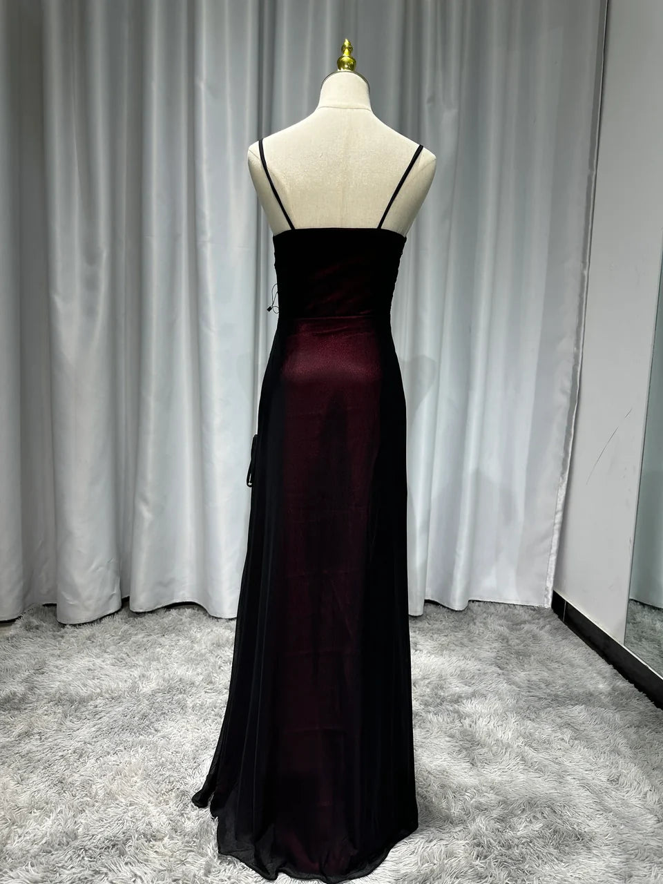 Burgundy Vintage Fashion Elegant Bodycon Spaghetti Strap Long Tulle Satin Formal Women's Ball Dress Evening Dress Party Dress Prom Dress nv3929